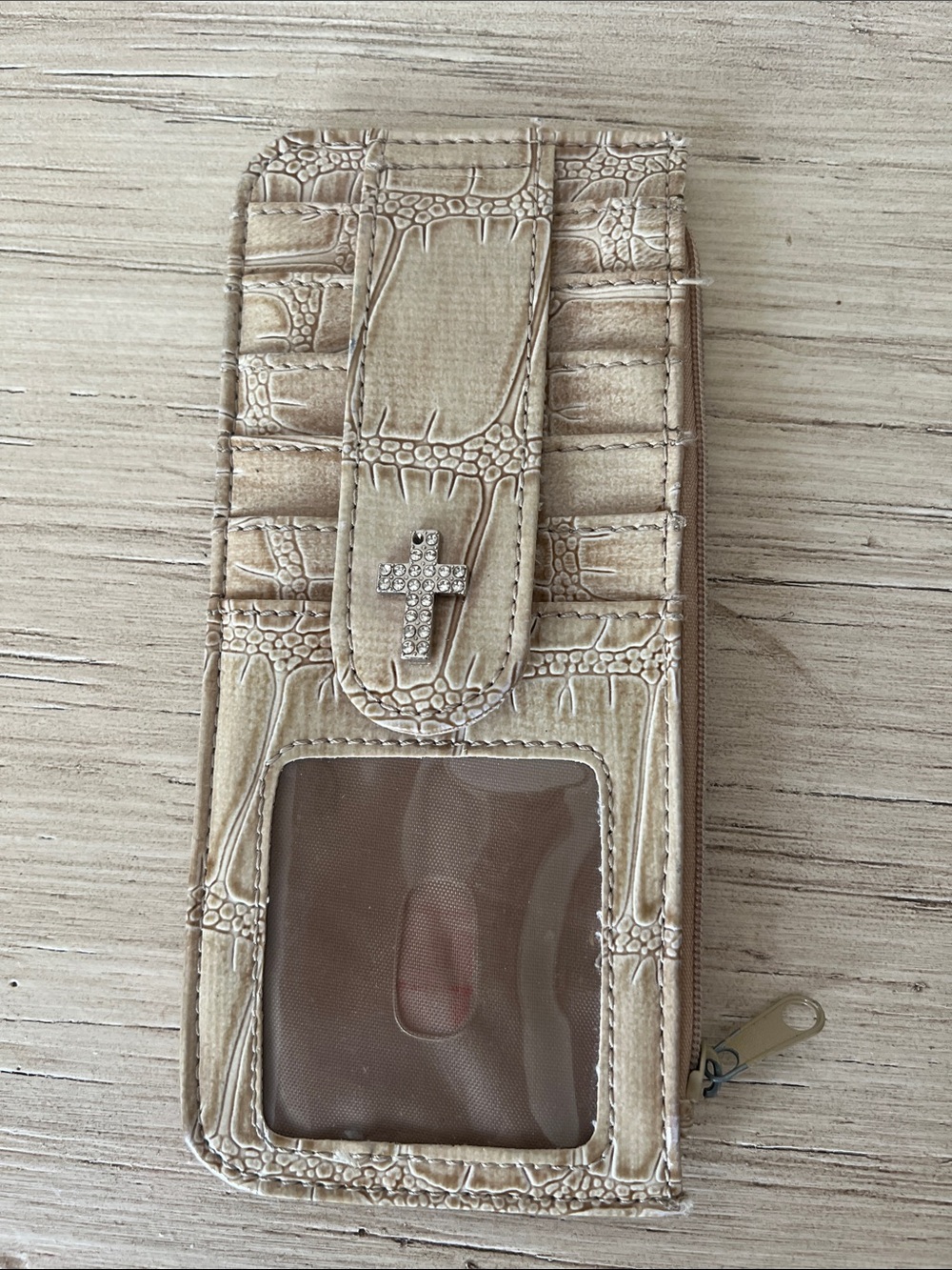 Beige Croc-Embossed Women's Card & Key Holder with Crystal Cross